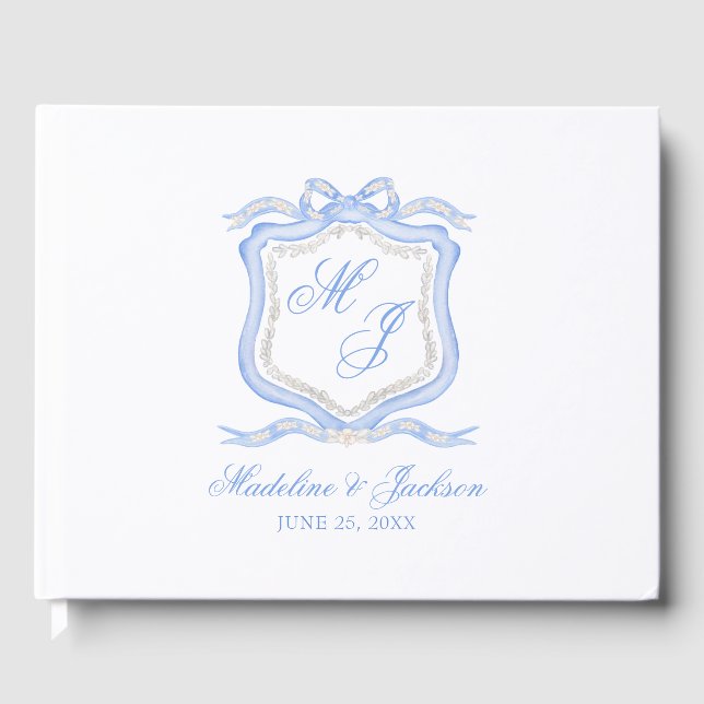 Livre D'or Aquarelle Designer Blue Monogram Crest (Recto)