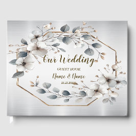 Livre D'or Aquarelle Fleurs blanches Cadre doré Argent Turquo