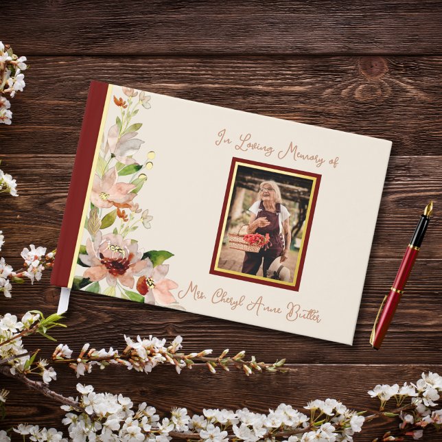 Livre D'or Aquarelle Fleurs Photo Couverture funéraire (Créateur téléchargé)