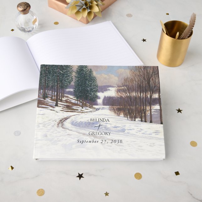 Livre D'or Aquarelle Hiver Mariage paysage neige (Recto ouvert)