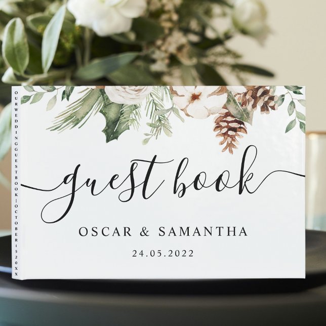 Livre D'or Aquarelle Hiver Pin vert Arbre et Fleurs blanches (Créateur téléchargé)