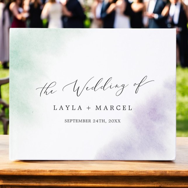 Livre D'or Aquarelle Laver vert violet Mariage Monogramme (Watercolor Wash Green Purple Monogram Wedding Guest Book)