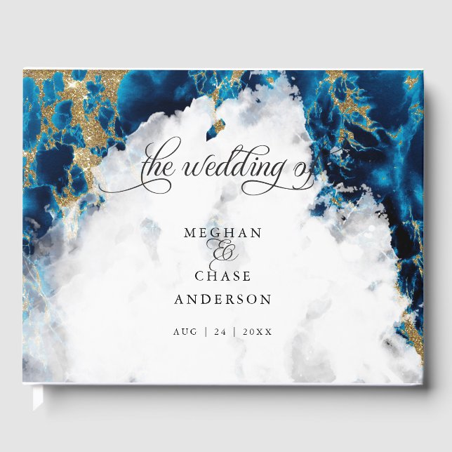 Livre D'or Aquarelle marbrée bleu saphir BarefootBride™ (Recto)