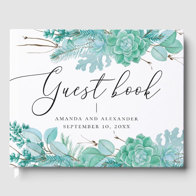 Livre D'or Aquarelle menthe florale succulents mariage d'hive (Recto)