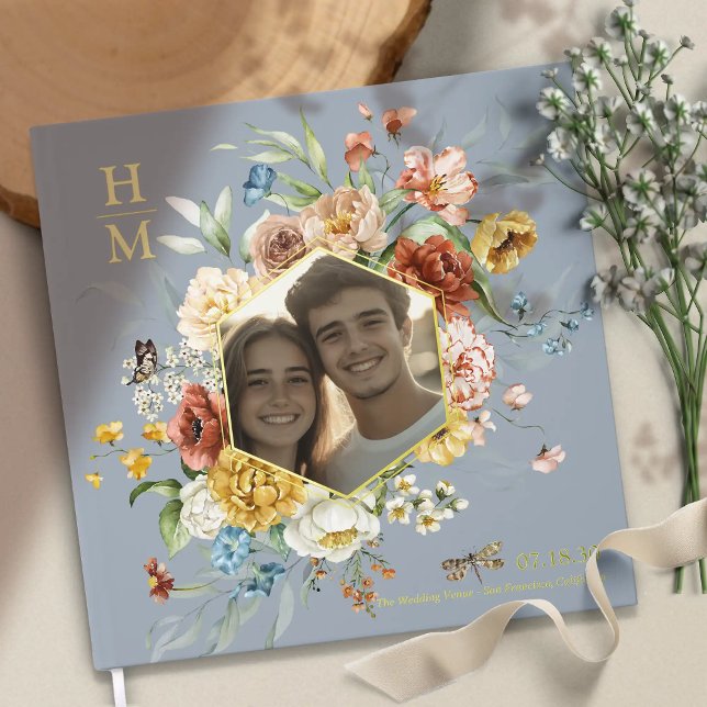 Livre D'or Aquarelle moderne Floral Couple Photo Mariage or (Modern Watercolor Floral Couple Photo Wedding gold foil guestbook

)