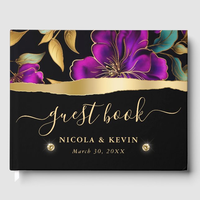 Livre D'or Aquarelle Purple et Fleurs Turquoises Mariage (Recto)