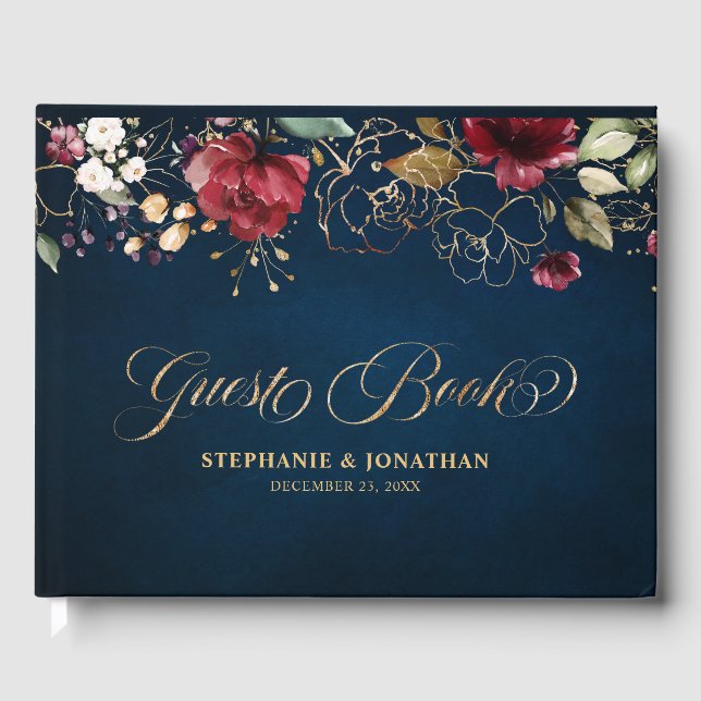Livre D'or Aquarelle romantique Bourgogne Rouge Marine Floral (Recto)