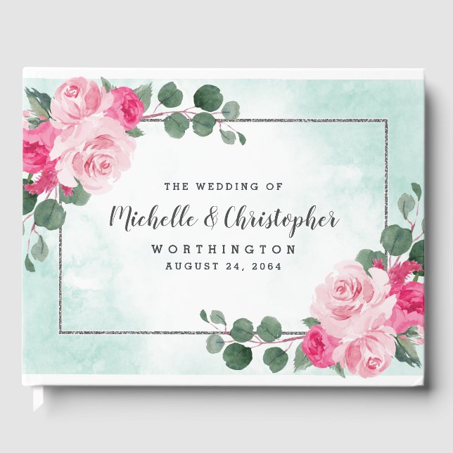 Livre D'or Aquarelle rose et argent Mariage floral (Recto)
