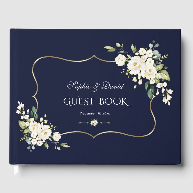 Livre D'or Aquarelle rose Fleurs blanches Mariage cadre vert (Recto)