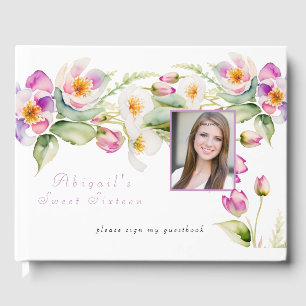 Livre D'or Aquarelle rose Fleurs blanches Sweet sixteen