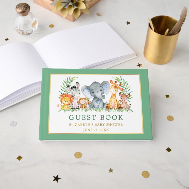 Livre D'or Aquarelle Safari Animaux Baby shower Vert (Recto ouvert)