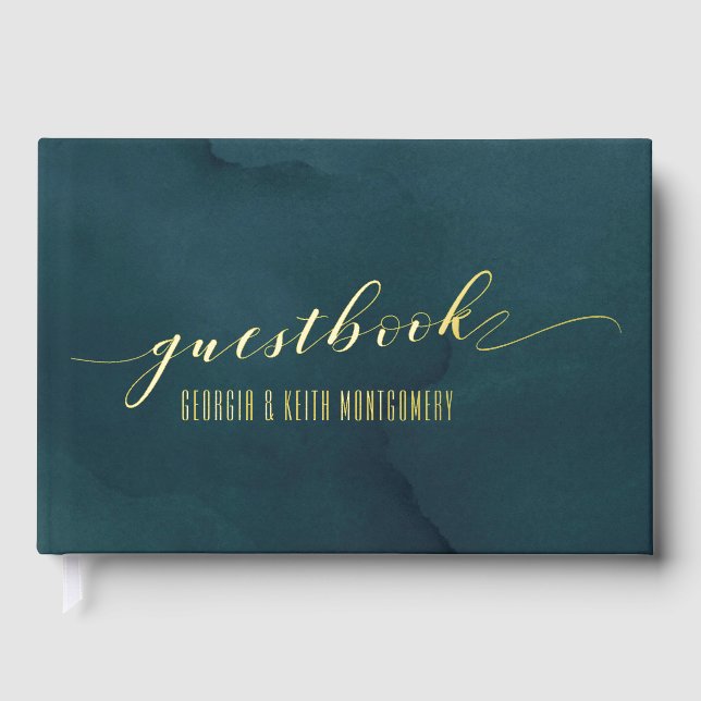Livre D'or Aquarelle turquoise Gold Script Mariage élégant (Recto)