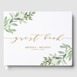 Livre D'or Aquarelle vert et fleurs blanches Mariage