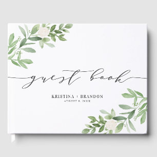 Livre D'or Aquarelle Vert et Fleurs blanches Mariage gris