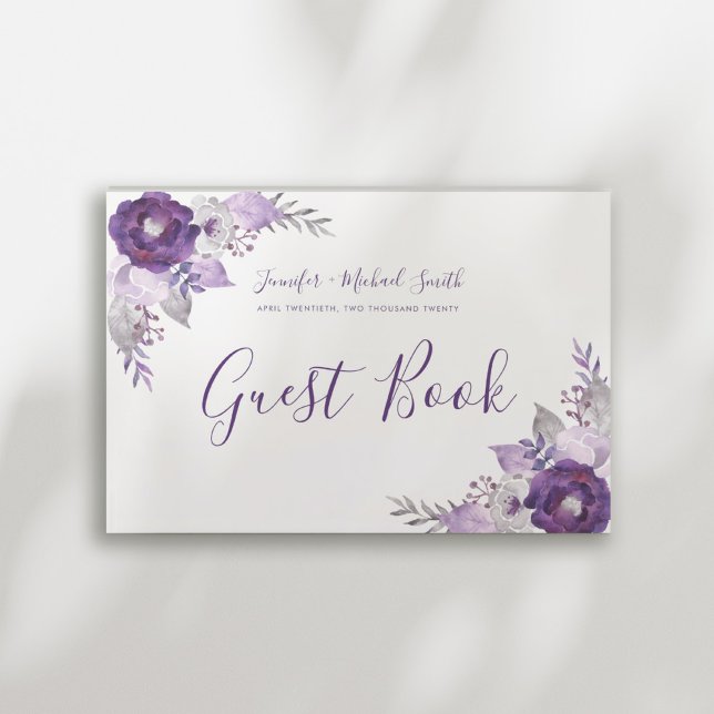 Livre D'or Aquarelle violette et argentée Floral Mariage invi (Purple and Silver Watercolor Floral Wedding Guest Guest Book)
