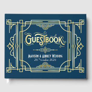 Livre D'or Art Déco Elegant Gold Blue Gatsby 1920 Mariage