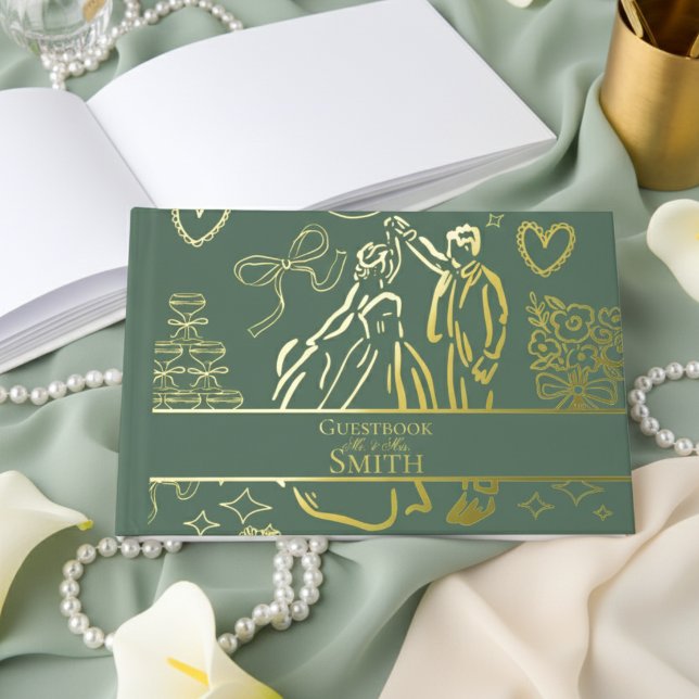 Livre D'or Art Mariage Dessin à main verte classique (Remember your special day with this keepsake Gold Foil Guest Book!)