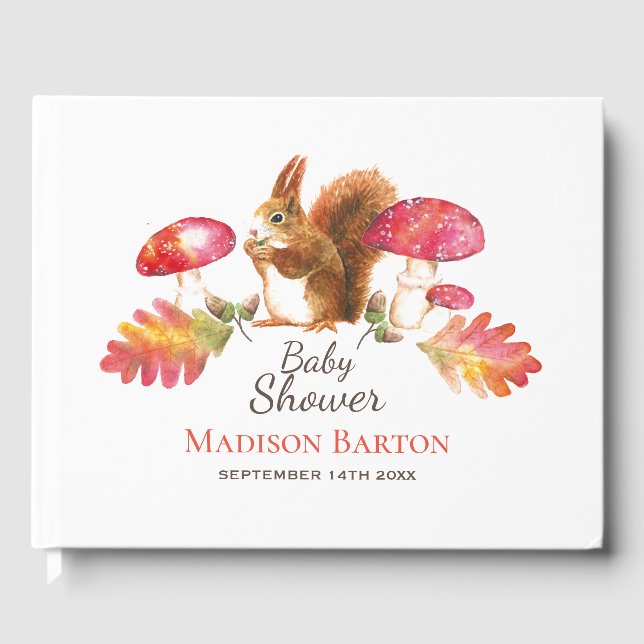 Livre D'or Baby shower d'aquarelle d'automne en bois d'écureu (Recto)