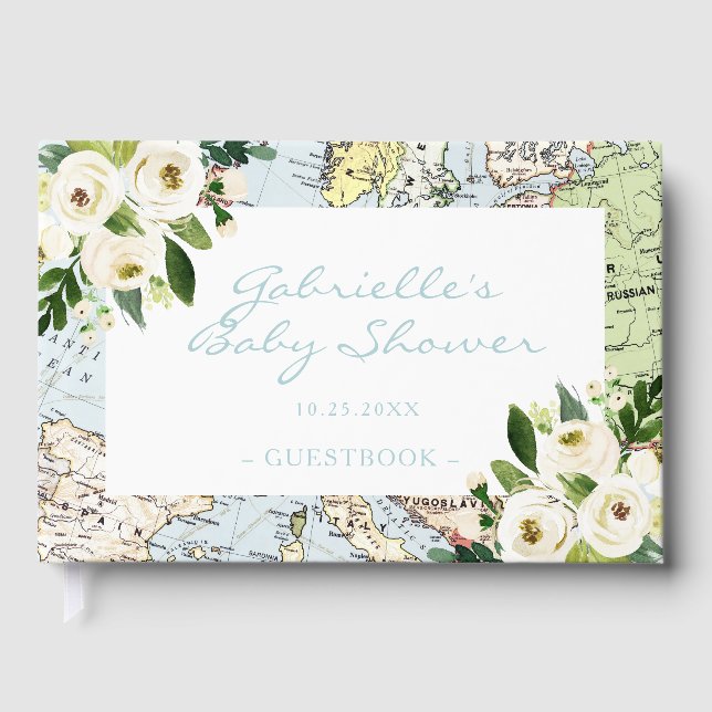 Livre D'or Baby shower de thème Voyage Carte Vintage personna (Recto)