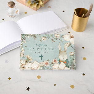 Livre D'or Baptême Bleu Bleu Cute Bunny Foliage Poudre