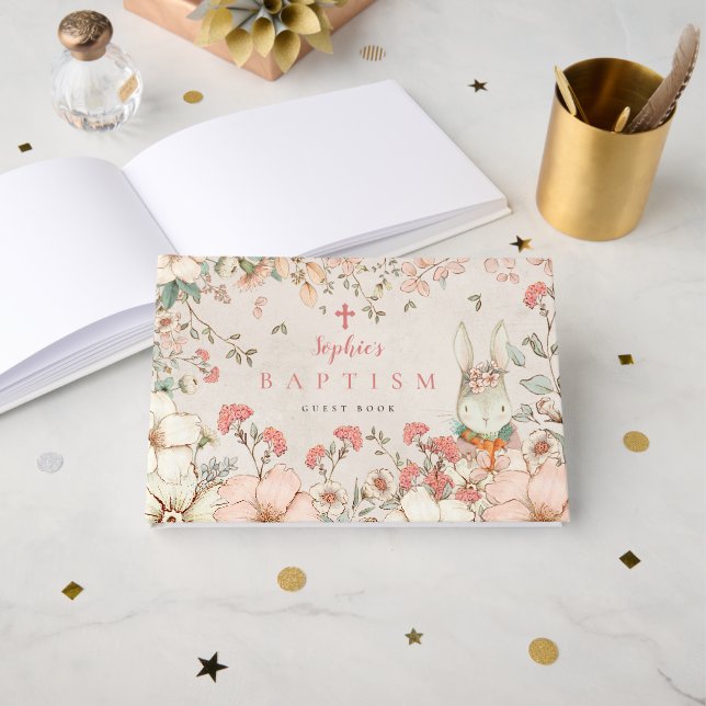 Livre D'or Baptême Broussailleux Foliage Bunny Fille (Recto ouvert)