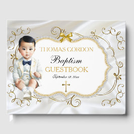 Livre D'or Baptême de bébé garçon asiatique Blanc & Or 