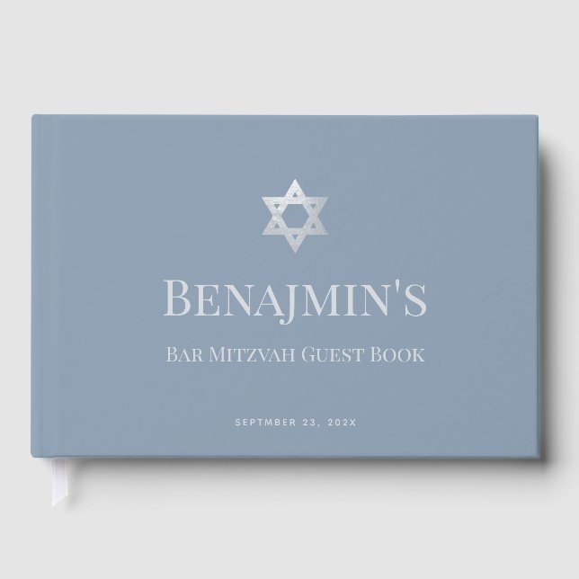 Livre D'or Bar Mitzvah Dusty Blue Faux Silver Star of David  (Recto)