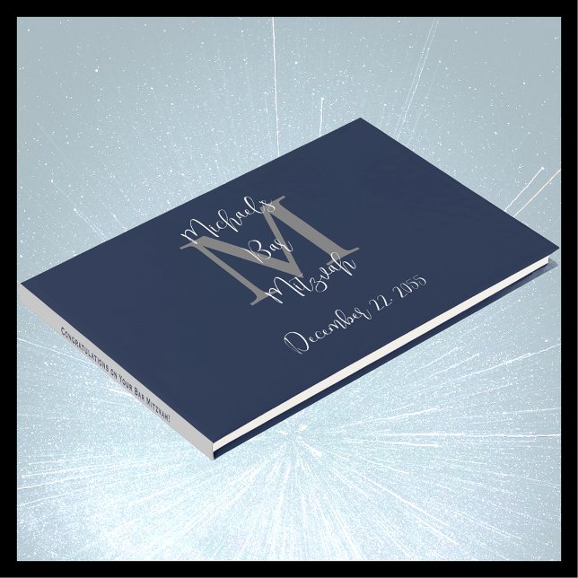 Livre D'or Bar Mitzvah Monogram Blue Grey Blanc Connexion (Créateur téléchargé)