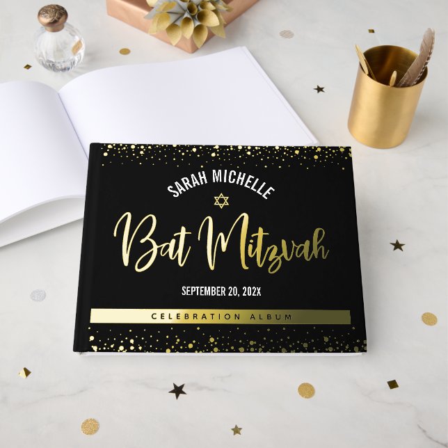 Livre D'or Bat mitzvah noir Script moderne Real Gold Foil (Recto ouvert)