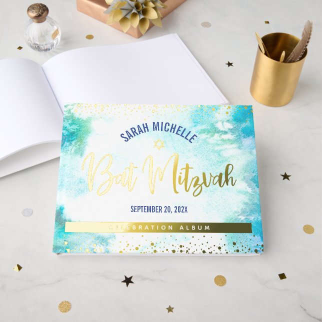 Livre D'or Bat mitzvah Turquoise Aquarelle Script Gold Foil (Recto ouvert)