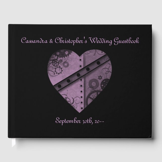 Livre D'or Beau coeur de steampunk violet sur noir (Recto)