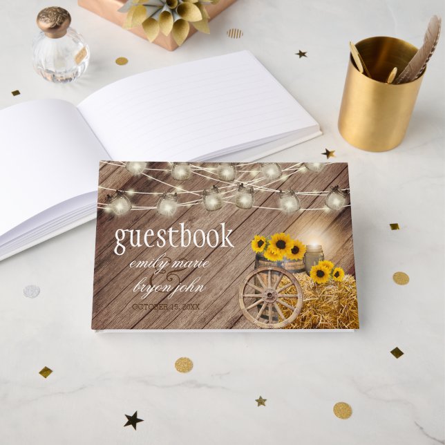Livre D'or Beau tonneau en bois rustique avec tournesol (Recto ouvert)