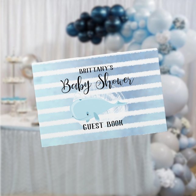 Livre D'or Bébé mignon Bleu Baleine Baby shower rayé (Créateur téléchargé)
