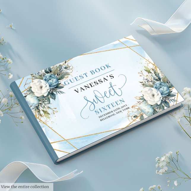 Livre D'or Belle Dusty Bleu Blanc Or Fleurs Douce 16e (Beautiful Dusty Blue White Gold Flowers Sweet Sixteen Guest Book)