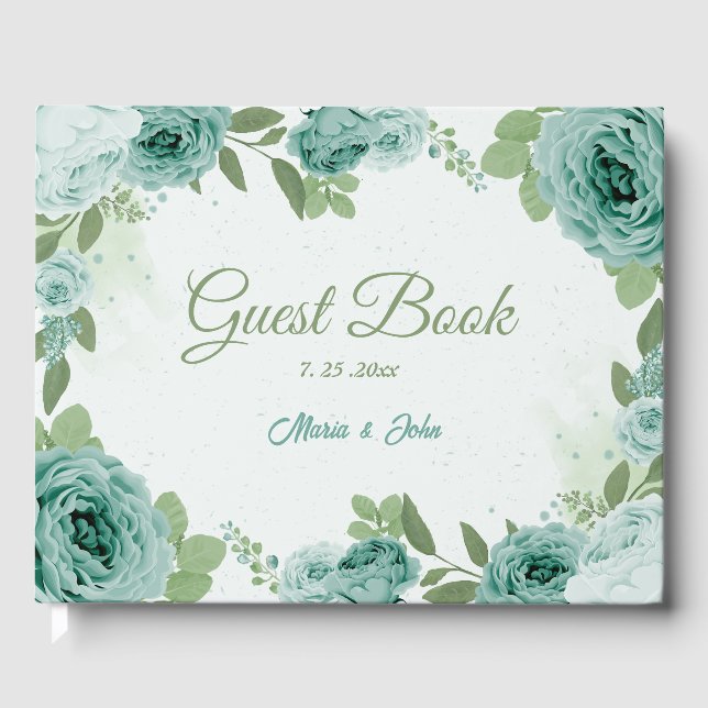 Livre D'or belle fleurs bleues verdure mariage botanique (Recto)