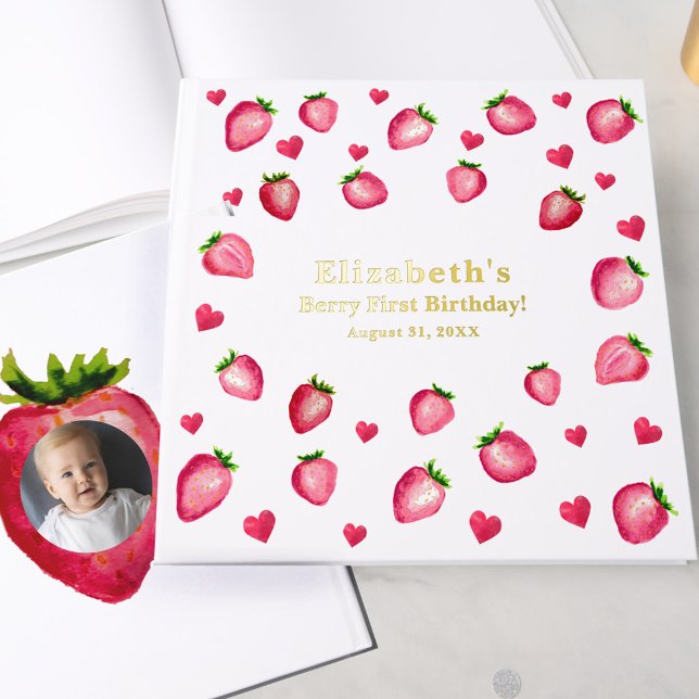 Livre D'or Berry First Birthday Strawberry Custom Photo Gold (Créateur téléchargé)
