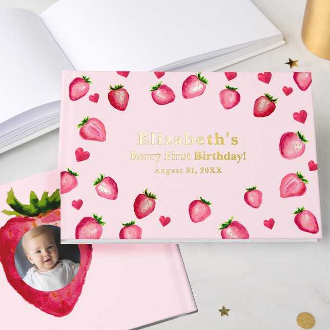 Livre D'or Berry First Birthday Strawberry Custom Photo Gold (Créateur téléchargé)