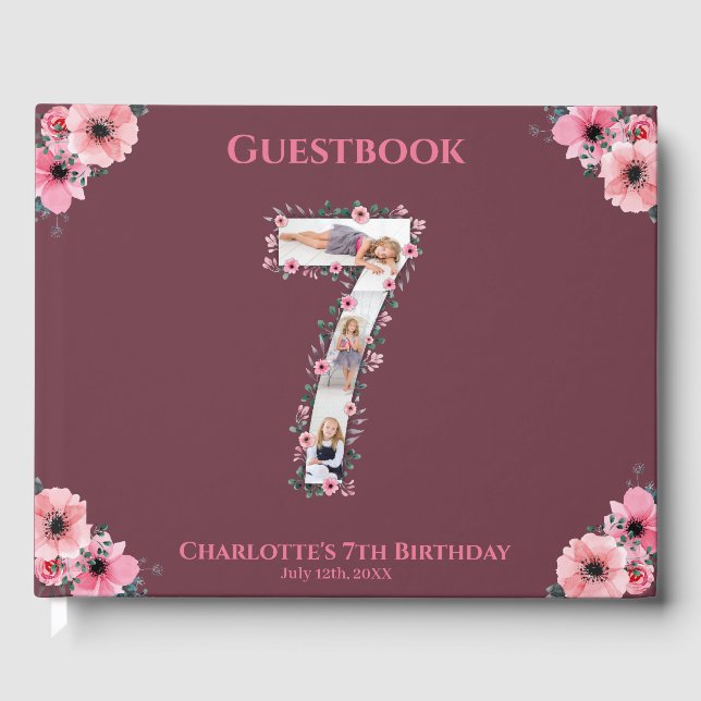 Livre D'or Big 7th Birthday Photo Collage Flower Girl Pink (Recto)