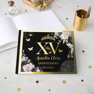 Livre D'or Black violet Floral Quinceañera Quince 15 XV Or