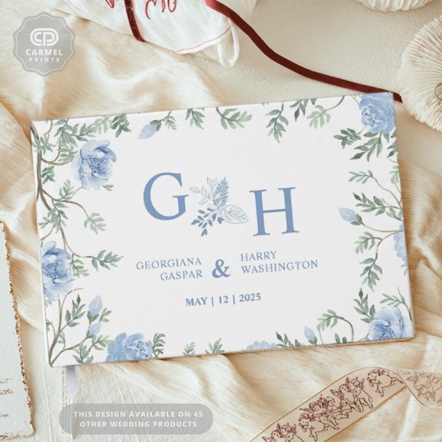 Livre D'or Blanc Léger Paste Bleu Fleurs Florales Mariage (White Light Soft Paste Blue Flowers Floral Wedding Foil Guest Book)