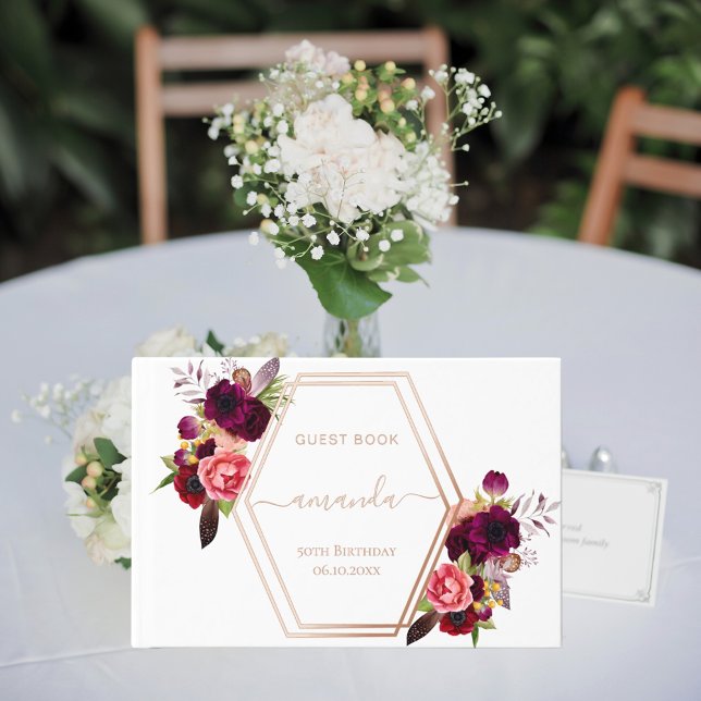 Livre D'or Blanc rose or géométrique bordeaux fleuri Annivers (Créateur téléchargé)