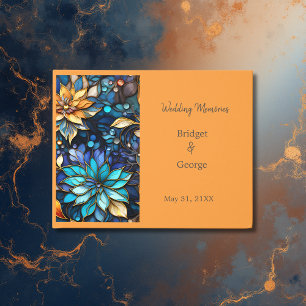 Livre D'or Bleu & Or Floral Vitrail Mariage élégant