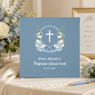 Livre D'or Bleu Poussiéreux Croix Blanche Florale Baptême