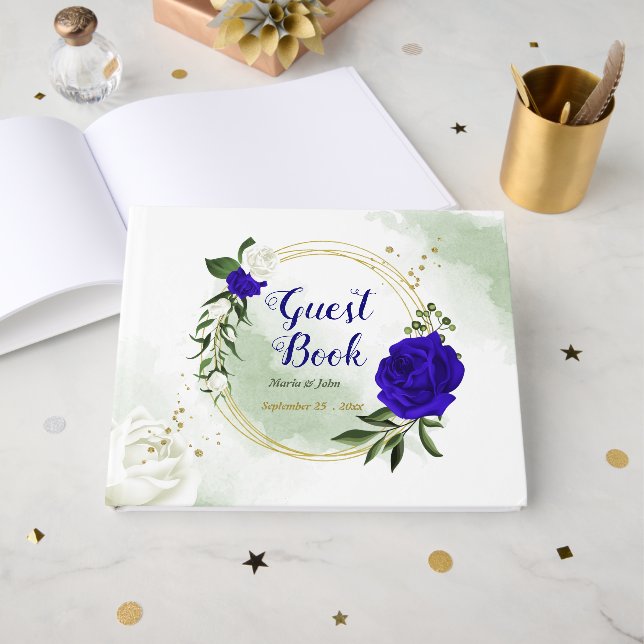 Livre D'or bleu royal fleurs blanches or mariage (Recto ouvert)