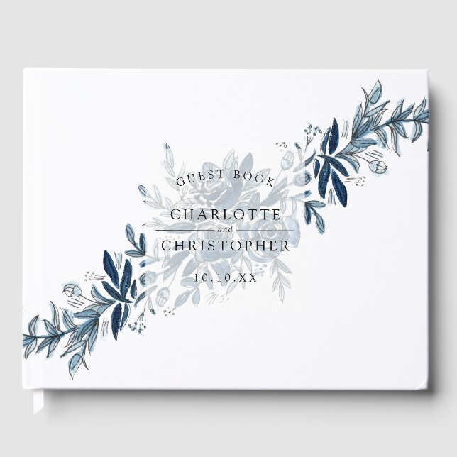 Livre D'or Blue indigo aquarelle lin fleuri mariage (Recto)
