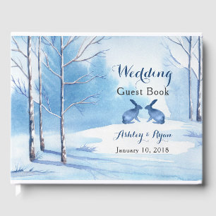 Livre D'or Blue White Trees Rabbits Winter Wedding Guest Book