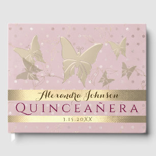 Livre D'or Blush Rose Gold Papillons Quinceanera Étincelant