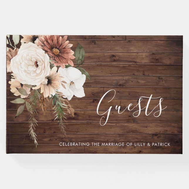 Livre D'or Bohème Floral Terracotta Mariage Bois rustique (Devant)