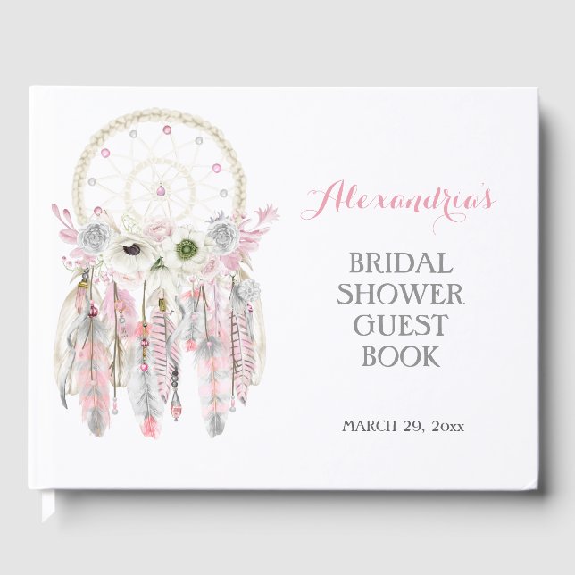 Livre D'or Boho Dream Catcher Plumes gris rose Flèches (Recto)
