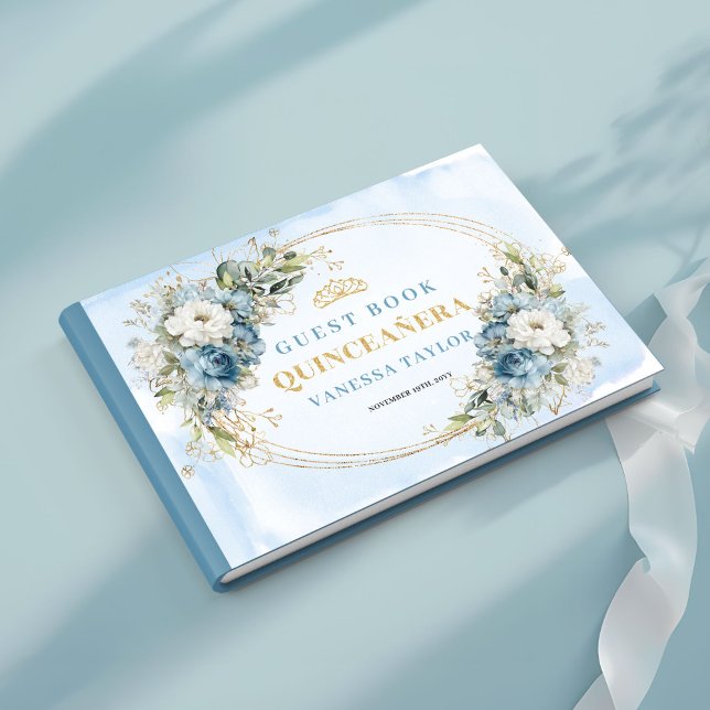 Livre D'or Boho Dusty Blue Gold Eucalyptus Floral Sign‑In   (Boho Dusty Blue Gold Eucalyptus Floral Sign‑In Book)